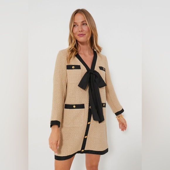 Pomander Place Tan Coco Tweed Bow Retro Button Long Sleeve Mini Dress XL - Picture 1 of 16